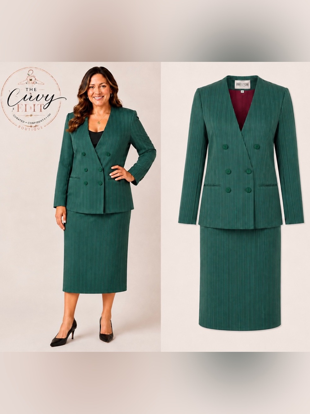 Vintage 80’s/90’s Executive Collection 18 Green Pinstripe 2PC Power Skirt Suit